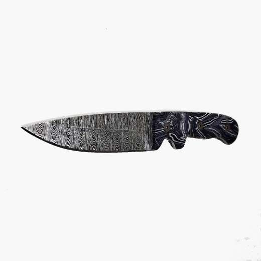Damastmesser 110mm Klingenl�nge mit schwarz/weissem Kunstharzgriff und K�cherscheide aus punziertem Leder