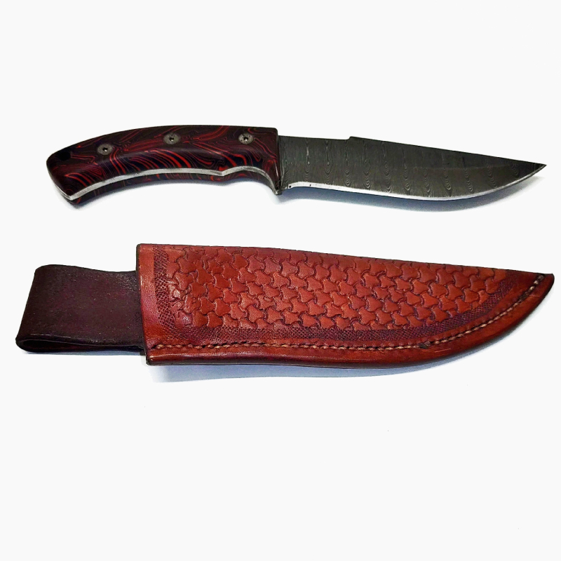 Damast-Messer 135mm Klingenl�nge mit rot/schwarzem Kunstharzgriff und Lederscheide punziert