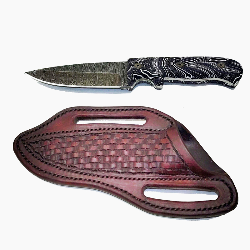 Damastmesser 110mm Klingenl�nge mit schwarz/weissem Kunstharzgriff und K�cherscheide aus punziertem Leder