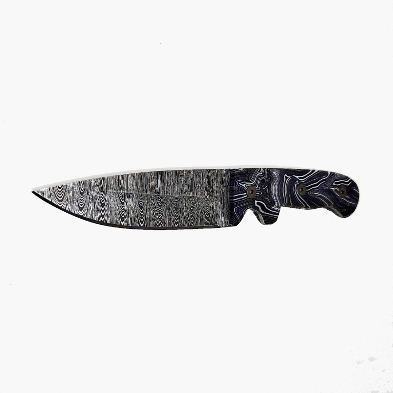 Damastmesser 110mm Klingenl�nge mit schwarz/weissem Kunstharzgriff und K�cherscheide aus punziertem Leder