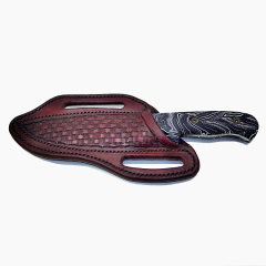 Damastmesser 110mm Klingenl�nge mit schwarz/weissem Kunstharzgriff und K�cherscheide aus punziertem Leder